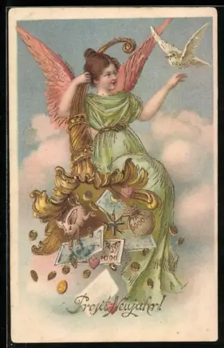 Präge-AK Neujahrsengel mit einem Füllhorn voller Geldscheine und Münzen, Ferkel