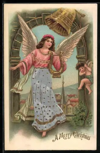 Präge-AK Weihnachtsengel mit Harfe im Glockenturm, Kleiner Weihnachtsengel läutet die Glocke