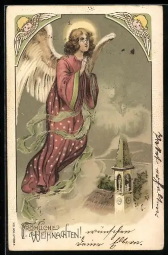 Präge-AK Betender Weihnachtsengel schwebt über einer Kirche