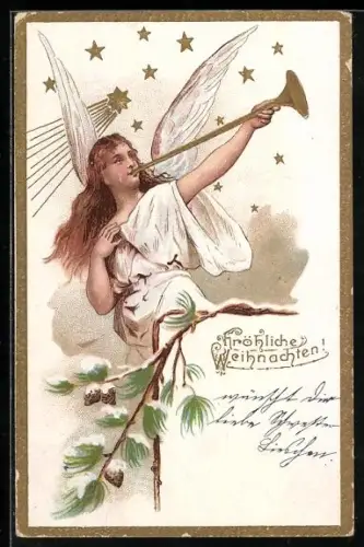AK Weihnachtsengel bläst auf der Fanfare, Fröhliche Weihnachten