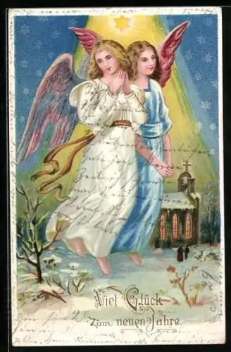 AK Zwei Neujahrsengel schweben vor einer Kirche im Schnee
