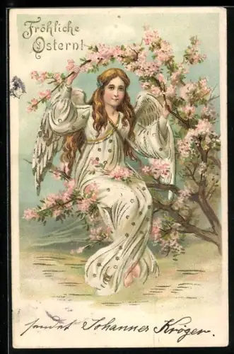 Präge-AK Osterengel sitzt im blühenden Gezweig eines Baumes