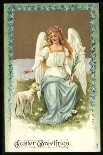 Präge-AK Osterengel mit einer Blume in der Hand streichelt ein Osterlamm