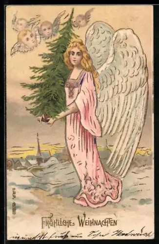 Präge-AK Fliegende Engelsköpfe blicken auf einen Weihnachtsengel mit Tannenbaum