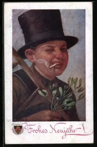 Künstler-AK Deutscher Schulverein Nr. 211: Schornsteinfeger mit Mistelzweig und Zigarette, Frohes Neujahr