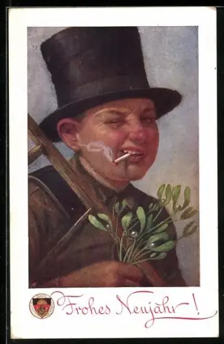 Künstler-AK Deutscher Schulverein Nr. 211: Schornsteinfeger mit Mistelzweig und Zigarette, Frohes Neujahr