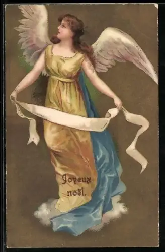 Präge-AK Fröhliche Weihnachten, Weihnachtsengel hält Banner in den Händen