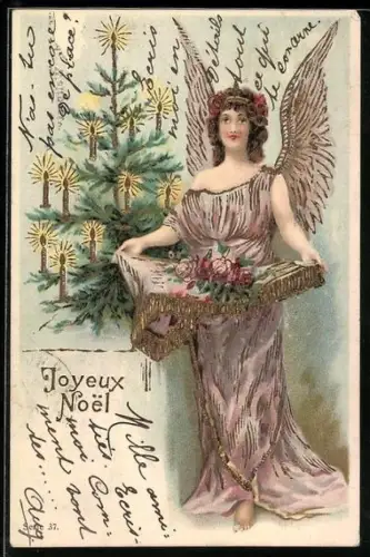 Präge-AK Weihnachtsengel mit Blumen am Tannenbaum