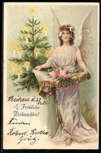 AK Weihnachtsengel mit Rosen bei einem Weihnachtsbaum