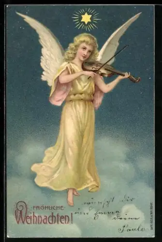 Präge-AK Weihnachtsengel mit Geige im Himmel, Fröhliche Weihnachten