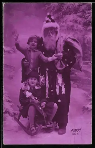 AK Kinder mit Schlitten und Weihnachtsmann