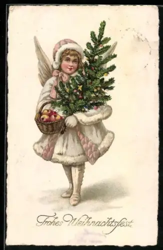 AK Kleiner Weihnachtsengel mit Tannenbaum und Korb voller Äpfel