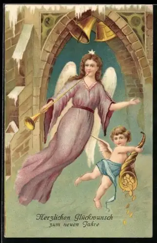 Präge-AK Zwei Neujahrsengel mit Posaune und Füllhorn
