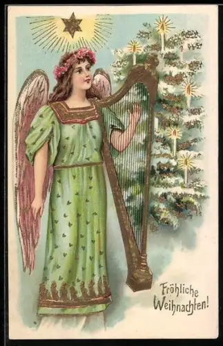 Präge-AK Weihnachtsengel mit Harfe nebst Christbaum