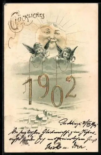 Präge-AK Kleine Neujahrsengel halten die Jahreszahl 1902 über einem Ort