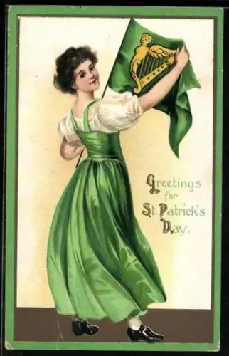 AK St. Patrick`s Day, Dame in grünem Kleid mit Flagge