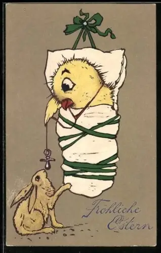 AK Osterküken spielt mit seinem Schnuller mit dem Osterhasen
