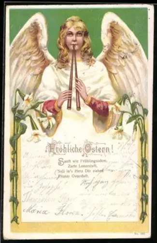AK Osterengel mit Fanfare und weissen Blumen