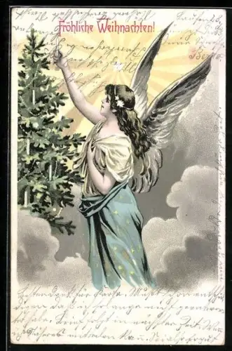 AK Weihnachtsengel schmückt einen Tannenbaum mit Kerzen