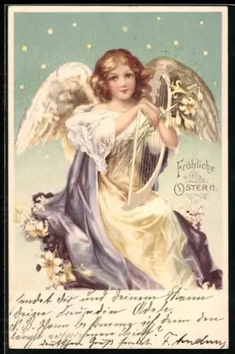 AK Osterengel spielt auf der Harfe, Fröhliche Ostern