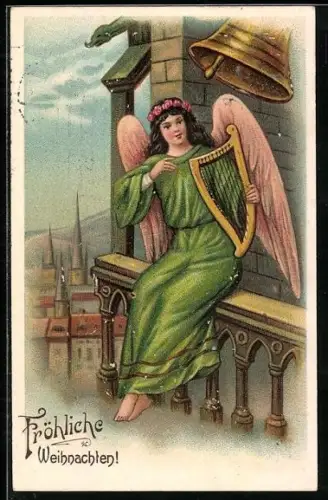 Präge-AK Weihnachtsengel auf Glockenturm mit Harfe