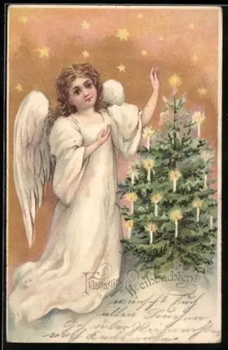 AK Weihnachtsengel neben dem Christbaum