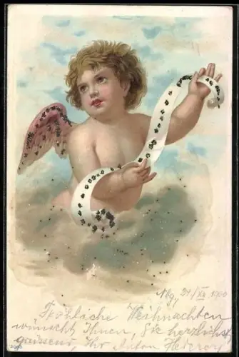 AK Engel mit Banner in den Wolken