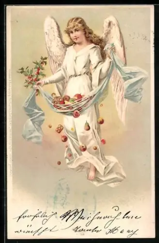 AK Weihnachtsengel mit Äpfeln und Nüssen, Weihnachtsgruss