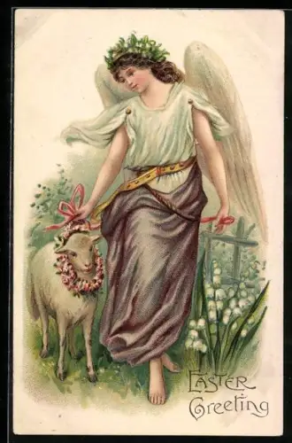 Präge-AK Osterengel mit einem Osterlamm auf einer Wiese