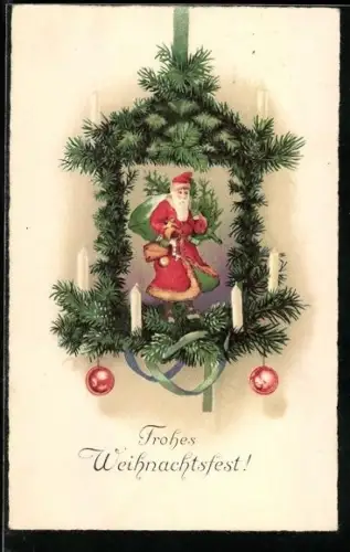 AK Weihnachtsmann mit Geschenken in einem Rahmen aus Tannenzweigen