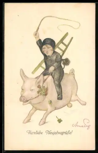 AK Schornsteinfeger mit Leiter reitet auf einem Schwein, Neujahrsgrüsse