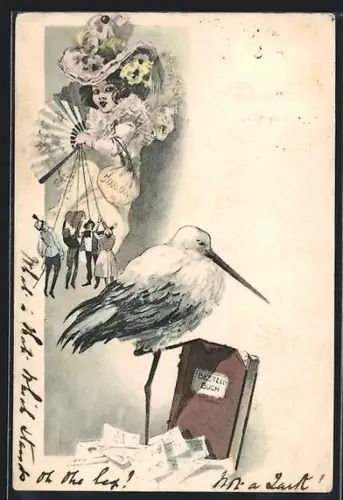 AK Dame angelt sich einen Mann, Storch mit Bestellbuch