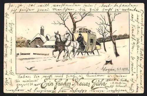 AK Pferdekutsche vor kleiner Ortschaft im Winter, Neujahrsgruss