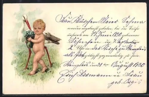 AK Klapperstorch und Kind mit Topfblume