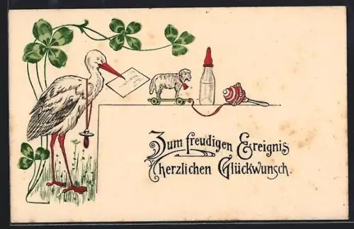 AK Glückwunsch zum freudigen Ereignis, Blauer-Rand, Storch mit Brief und Nuckel, Babyflasche, Rassel