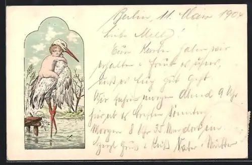 Präge-AK Klapperstorch mit Baby auf dem Rücken