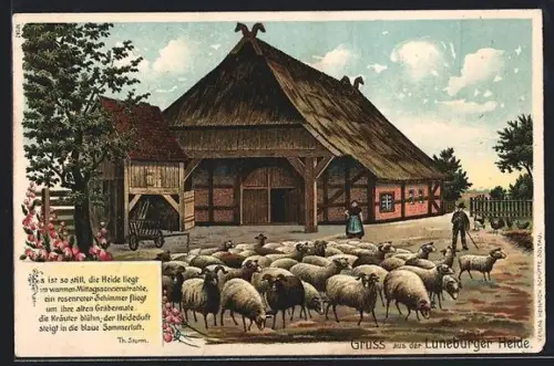 AK Lüneburger Heide, Schafherde vor Gehöft, Gedicht v. Th. Storm