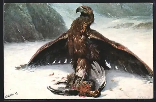 AK Adler mit Beute im Schnee