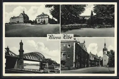 AK Riesa /Elbe, Brücke, Kirche, verschiedene Ortsansichten