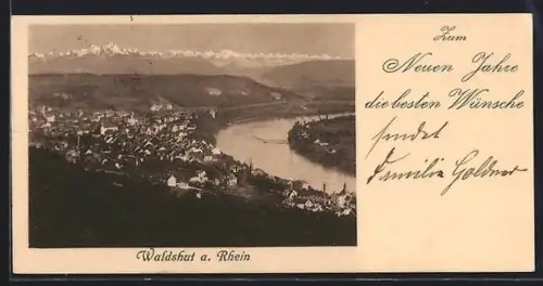 Mini-AK Waldshut a. Rhein, Ortsansicht mit Rhein und Alpenpanorama