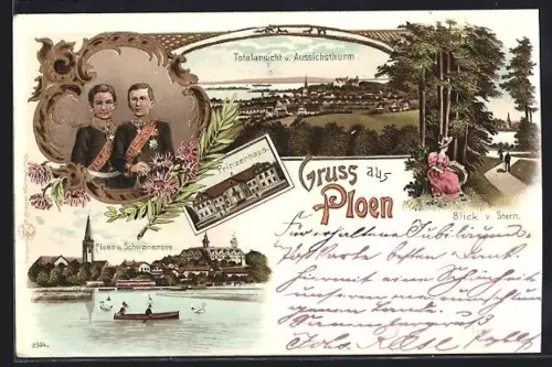 Lithographie Plön, Prinzenhaus, Schwanensee, Aussichtsturm