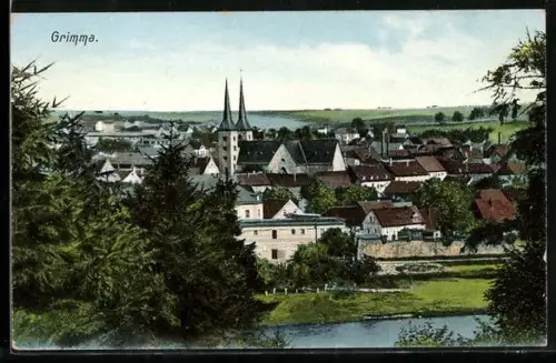 AK Grimma, Stadtansicht mit Kirche und Mulde