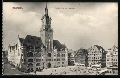 AK Stuttgart, Marktplatz mit Rathaus