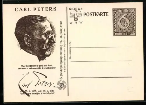 AK Carl Peters, Pionier der deutschen Kolonialpolitik im Porträt, , Ganzsache WHW Winterhilfswerk 1940
