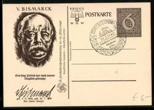 AK Otto von Bismarck, der Eiserne Kanzler, im Porträt, , Ganzsache WHW Winterhilfswerk 1940