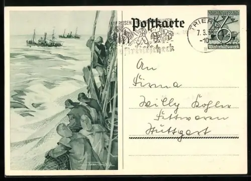 Künstler-AK Fischer auf hoher See, Ganzsache WHW Winterhilfswerk