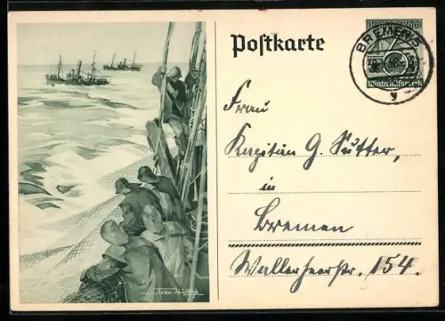 Künstler-AK Fischer auf einem Boot, Ganzsache WHW Winterhilfswerk