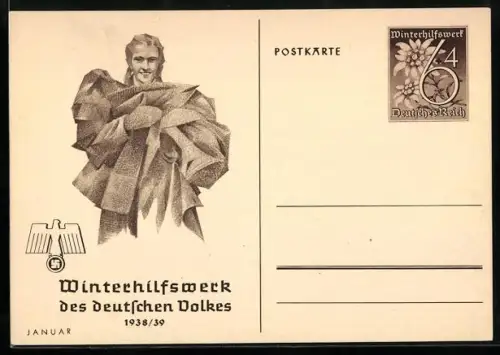 AK Frau mit Stoffen in den Armen, , Ganzsache WHW Winterhilfswerk 1938/39