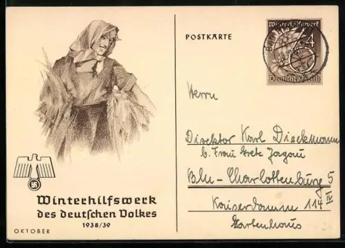 AK Lächelnde Frau mit Kopftuch, , Ganzsache WHW Winterhilfswerk 1938/39