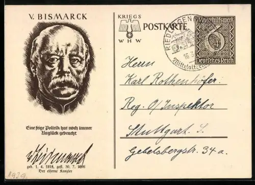 AK Porträt von Bismarck, , Ganzsache WHW Winterhilfswerk